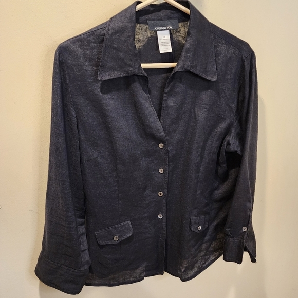 JONES NEW YORK Black 100% Linen Button Down Blouse size 12 - Picture 2 of 10
